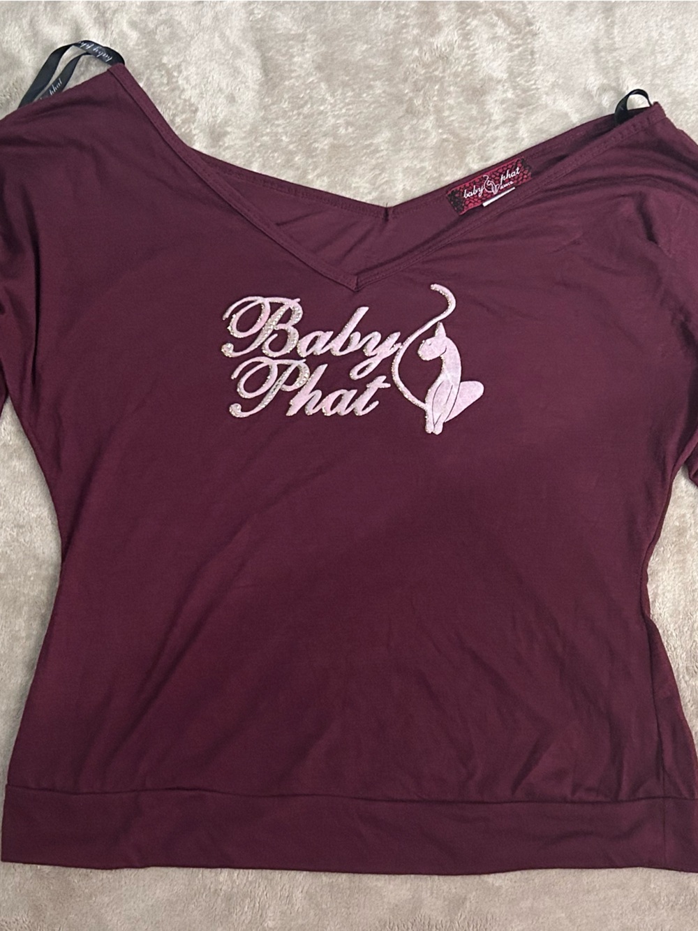 Baby phat jean co burgundy shirt with pink lettering vintage y2k